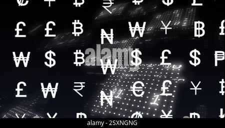 Image of binary coding data processing over currency signs Stock Photo