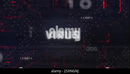 Virus text image over digital circuit board background with binary code Stock Photo