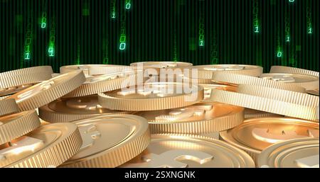 Stacks of gold coins with binary code image in background Stock Photo