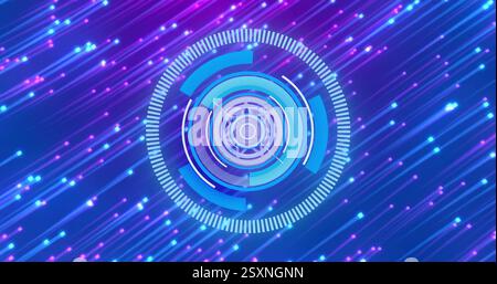 Rotating blue and purple digital interface image over dynamic light streaks background Stock Photo
