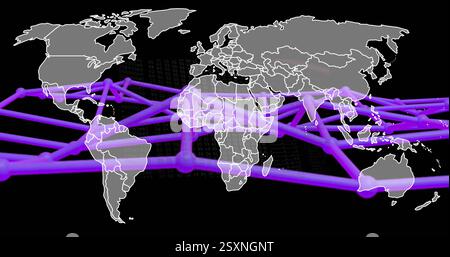 Global network connections image over world map with purple lines Stock Photo