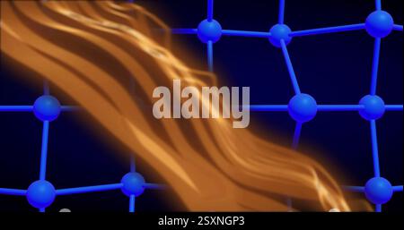 Flowing orange wave over blue molecular structure, scientific image Stock Photo
