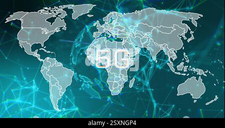 5G network connectivity image over world map with digital connections Stock Photo