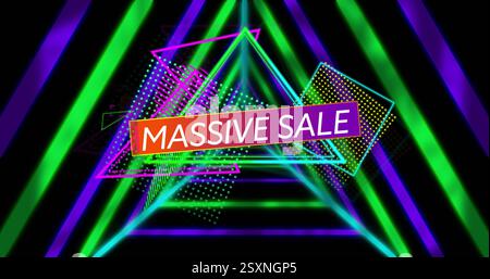 Massive Sale text over neon geometric shapes and glowing lines image Stock Photo