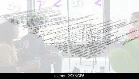 Business meeting in modern office with floating numbers and equations image Stock Photo