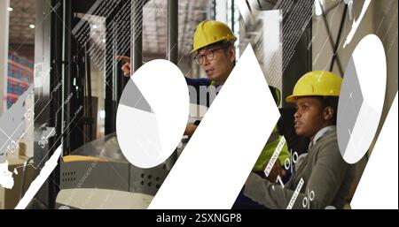 Image of financial data processing over diverse workers in warehouse Stock Photo