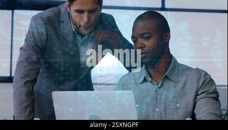 Business data analysis image over two men working on laptop in office Stock Photo