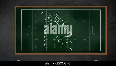Football strategy diagram image over green chalkboard background Stock Photo