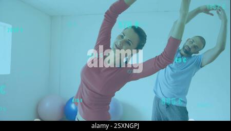 Stretching exercises, people in gym with fitness data image over them Stock Photo