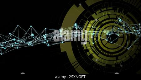 Network of connections and data processing image over futuristic circular interface Stock Photo