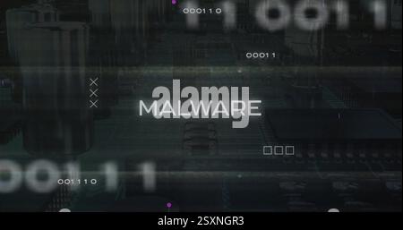 Malware text image over digital data and binary coding background Stock Photo