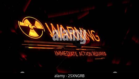 Warning and immediate action required text image with radiation symbol on dark background Stock Photo