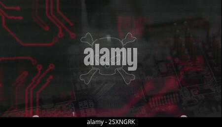 Skull and crossbones with binary code image over electronic circuit board Stock Photo