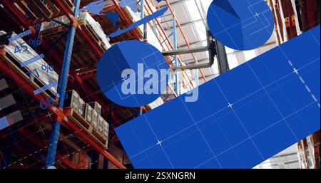 Image of financial data processing over lift truck in warehouse Stock Photo