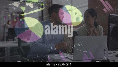 Business meeting with data charts and graphs image over office setting Stock Photo