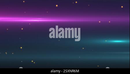 Image of yellow spots and purple light trails on black background Stock Photo