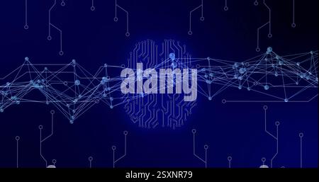 Image of network of connections over brain on black background Stock Photo