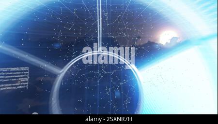 Image of data processing and diagrams over clouds and sun Stock Photo