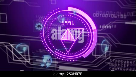 Digital data processing image over futuristic interface with purple geometric shapes Stock Photo