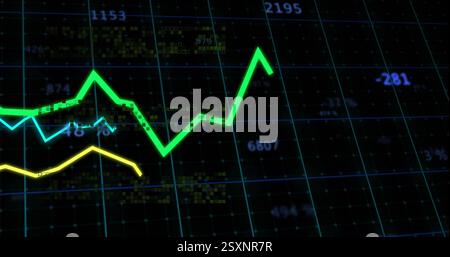 Image of diagrams and data processing over black background Stock Photo