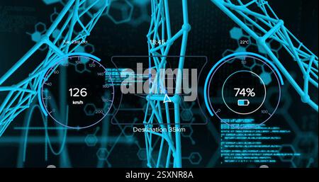 Image of speedometer and data processing over network of connections Stock Photo