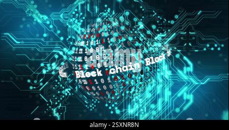 Blockchain and data processing image over digital circuit board background Stock Photo