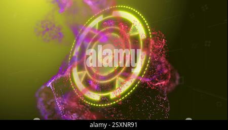 Circular digital interface with glowing arrows and particles image Stock Photo