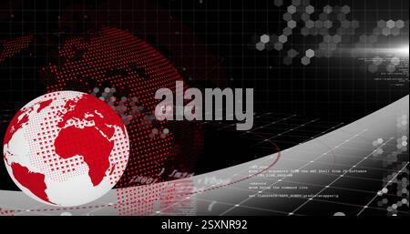 Globe and programming code image over digital world map with hexagonal patterns Stock Photo