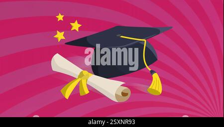 Graduation cap and diploma with stars image on pink spiral background Stock Photo