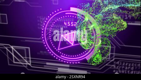 Digital data processing image over abstract geometric shapes and green particles Stock Photo