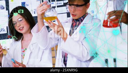 Students in lab coats conducting experiments with scientific data image over them Stock Photo