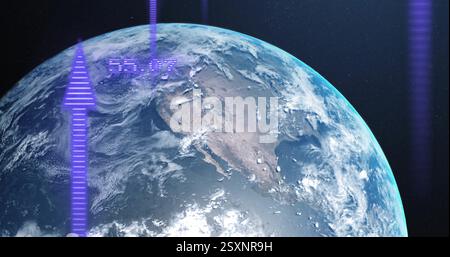 Earth from space with purple arrows and data processing image Stock Photo