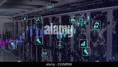 Image of diagram and data processing over server room Stock Photo