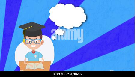 Graduation cap and thought bubbles image over cartoon student reading book Stock Photo