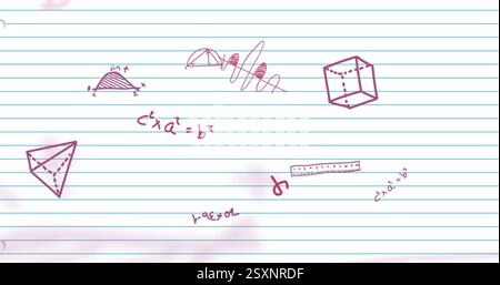 Geometric shapes and mathematical equations image over watercolor background on lined paper Stock Photo