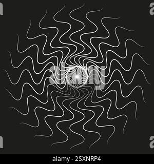 Wavy spiral pattern. Optical vortex illusion. Abstract motion effect. Black background contrast. Stock Vector