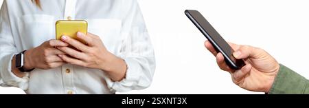People using their smart phones isolated on white background. Stock Photo