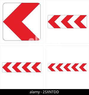 Red and white chevron direction arrow traffic signs showing a sharp turn to the left. Stock Vector
