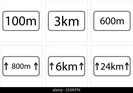 Supplemental directional plaques for road signs showing distances in kilometers and meters with double arrows. Stock Vector