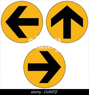 Three directional arrows provide clear guidance, pointing left, right, and up on a vibrant yellow circular background. Stock Vector