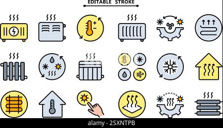 Hvac color icons set. Editable stroke. Home Heating Icon collection. Perfect for logos, stats and infographics. Simple signs for templates, web design Stock Vector