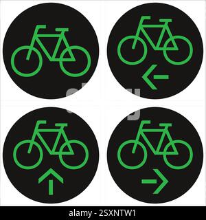 Four round black signs showing green bicycle symbol for different allowed directions. Stock Vector