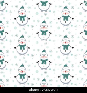 Snowman in scarf seamless christmas pattern for winter holidays. Mascot vector flat design. Stock Vector