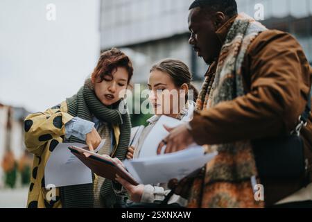 Multiracial Professionals Collaborating on a Document Outdoors While Brainstorming Ideas Stock Photo