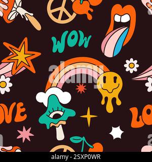Retro groovy elements seamless pattern. Hippie 60s symbols. 70s trip objects. Psychedelic repeated retro stickers. Melting smile emoticon. Hallucinoge Stock Vector