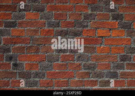 A close-up of a brick wall with red and grey and black bricks. Stock Photo