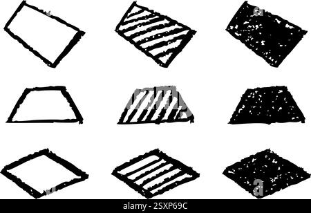 Set of abstract geometric basic shapes drawn with pastel black color or charcoal. Hand drawn paint quote frame collection. Empty monochrome speech Stock Vector