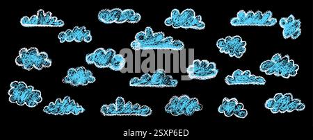 Set of abstract pencil clouds. Hand drawn cartoon cloudy sky. Vector illustration of collection of blue eddy on black background. Imitation of a child Stock Vector
