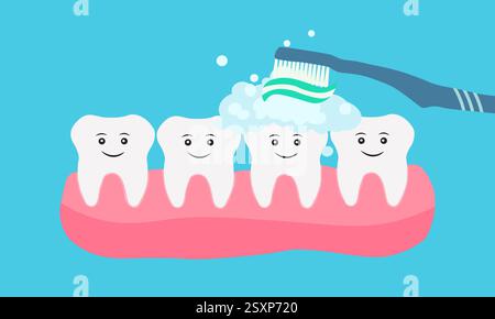 Cute tooth hygiene. Smiling, happy teeth mascots with toothbrush and toothpaste, oral dental healthcare. Dentistry, cleaning teeth, cheerful healthy c Stock Vector