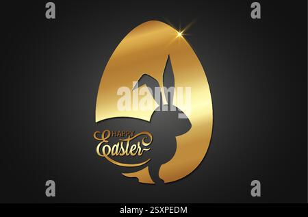 Gold Easter Egg, drawing cutting of bunny silhouette, luxury cut design for Happy Easter banner, poster, greeting card. Trendy holiday design Stock Vector